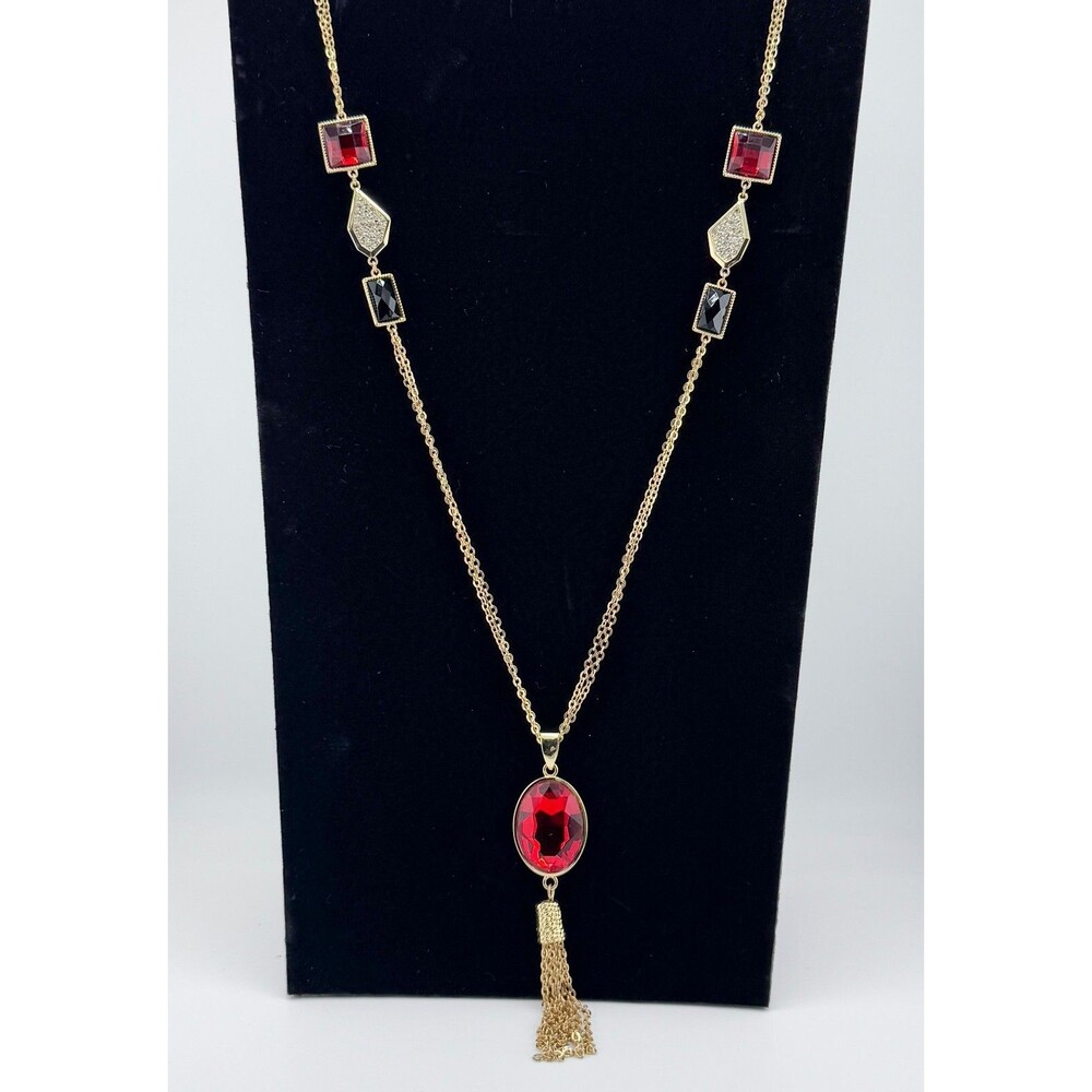Vintage Long Rhinestone Jeweled Necklace Red Black Glamour Tassel Retro